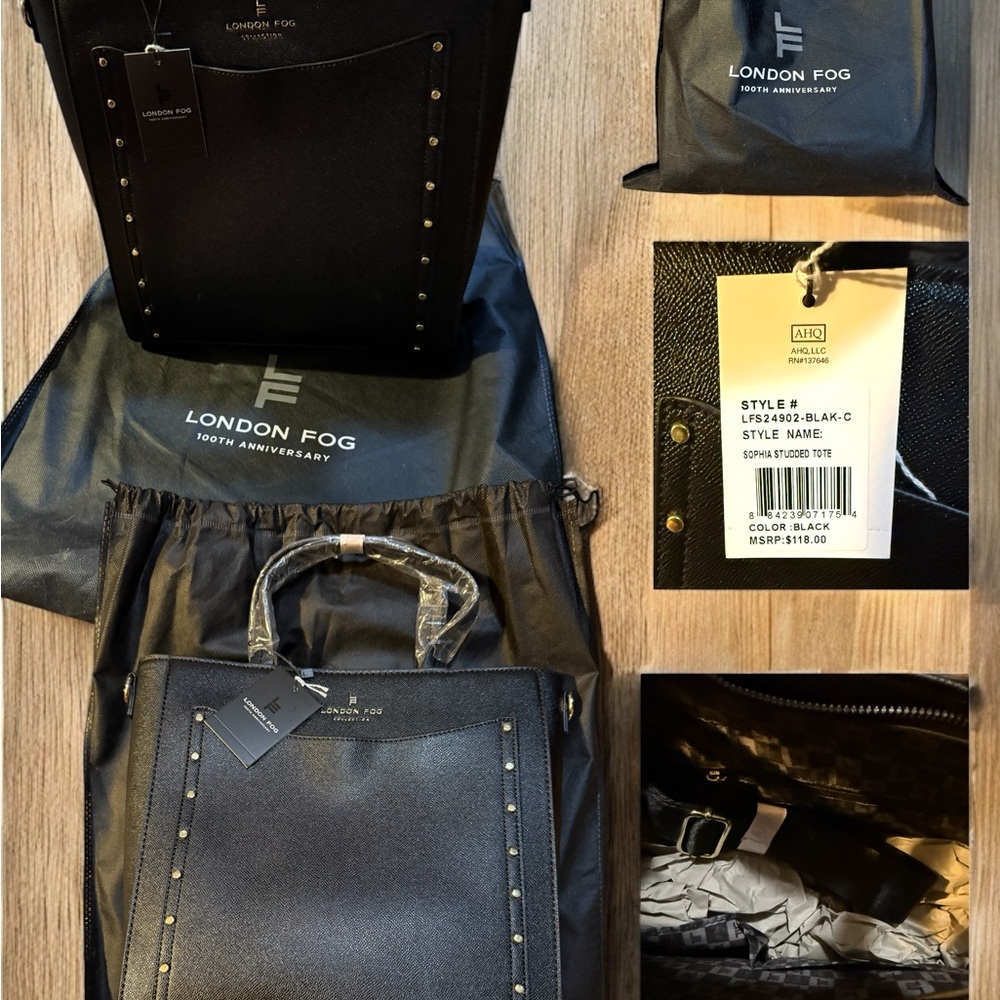 100th Anniversary LIMITED EDITION London Fog Black Sophia Studded Tote Handbag